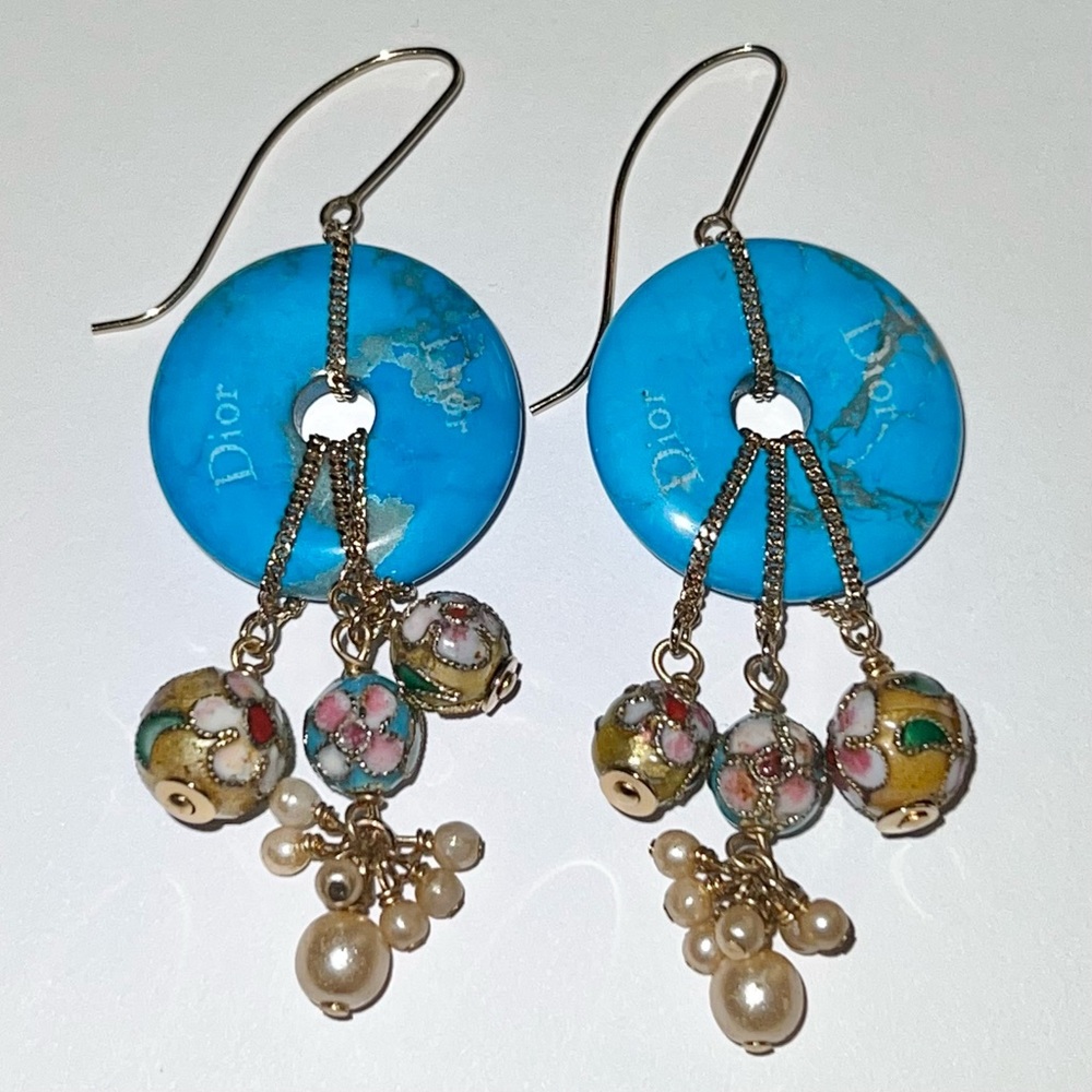 AUTH VTG 2006 Christian Dior Gold Hook Drop Dangle Blue Gemstone Boho Earrings - Picture 3 of 11